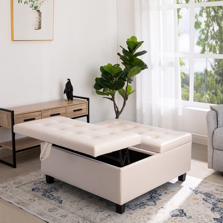 35-Inch Air Leather Tufted Upholstered Lift-Top Ottoman Bench, Large Square Storage Coffee Table for Living Room
