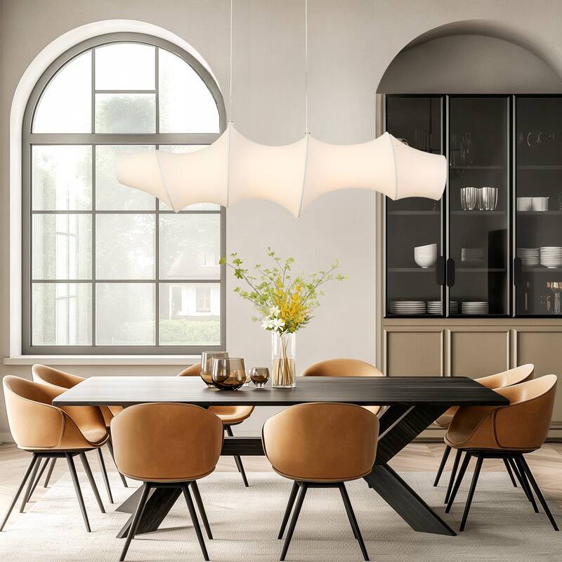 Modern 1-Light LED White Linear Island Chandelier Sculptural Silk Shade - White & Gold - W43.3"*D11.4"*H12.6"