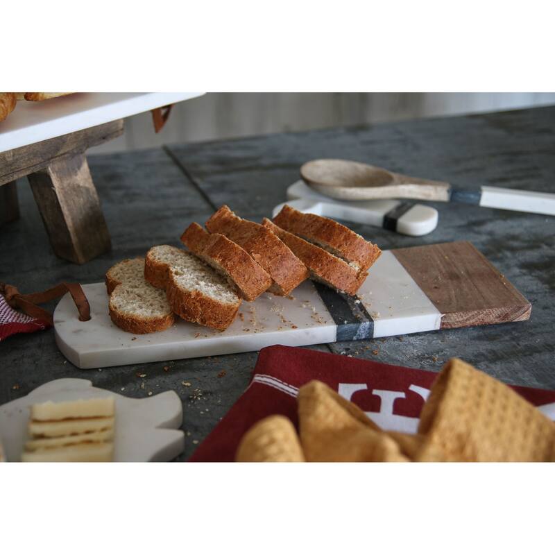 Foreside Home & Garden Small White Marble and Wood Kitchen Serving Cutting Board