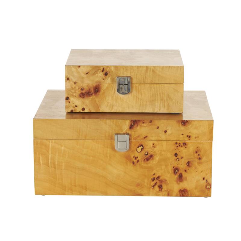 Brown Wood Storage Decorative Box with Natural Wood Grains and Silver Latches (Set of 2) - 9"W x 12"L x 5"H