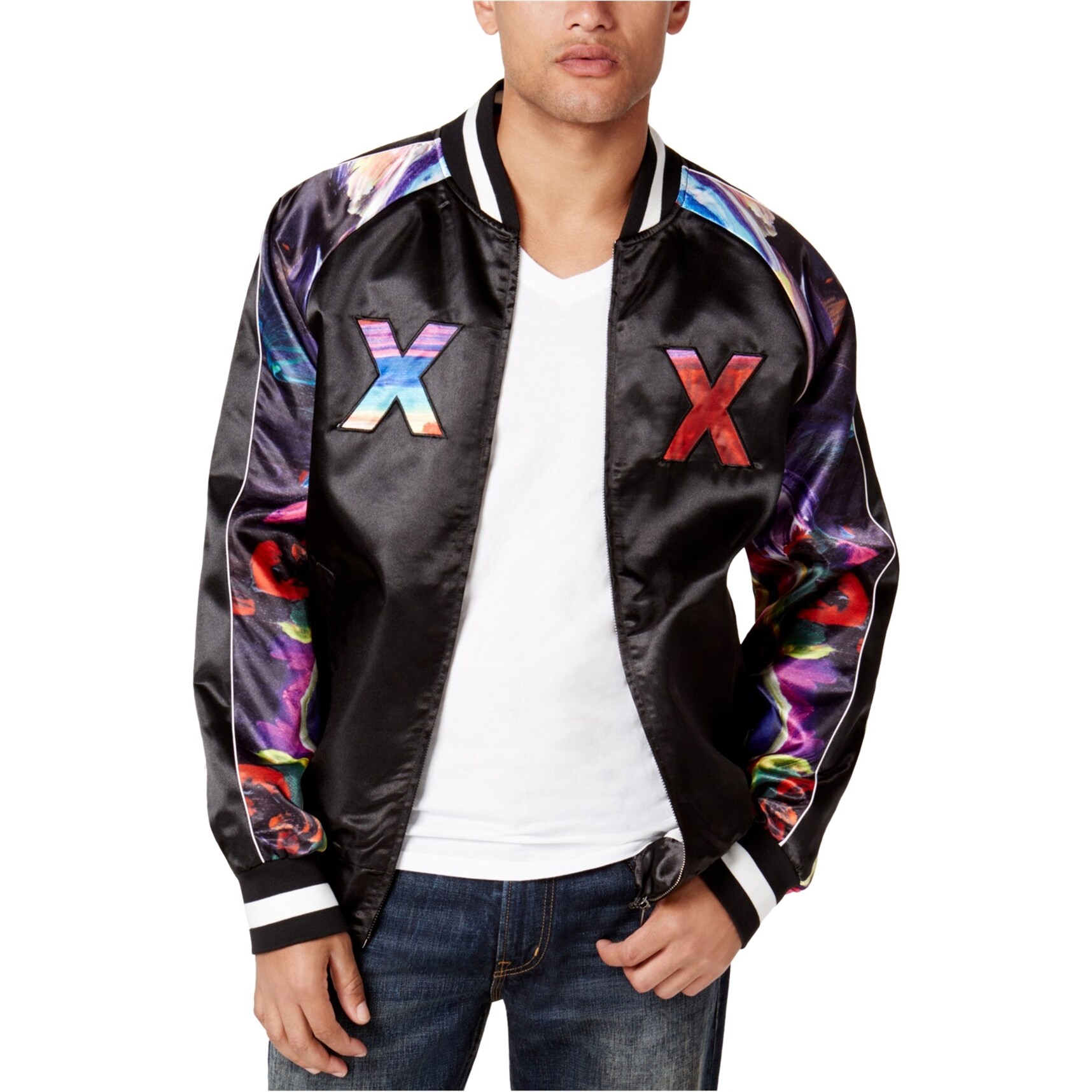 Shop Hypnotize Mens Rainbow Satin Bomber Jacket Black Xx Large
