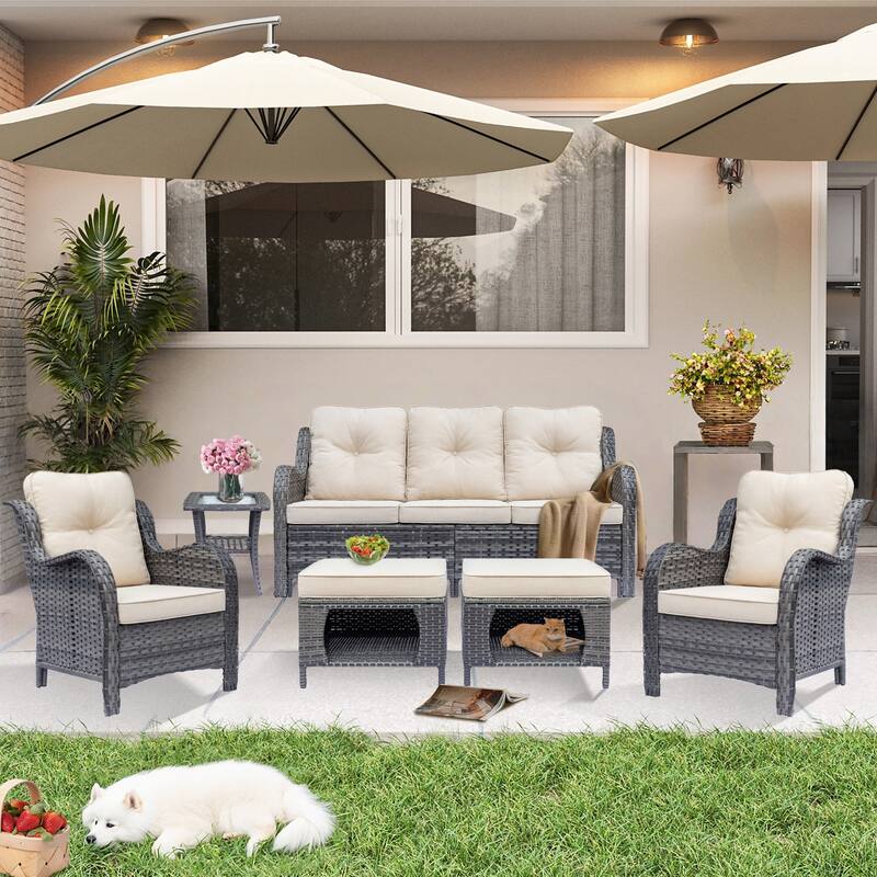 Gray Rattan Wicker High Back Outdoor Patio Furniture Sofa Seating Set - 6-Piece - Beige