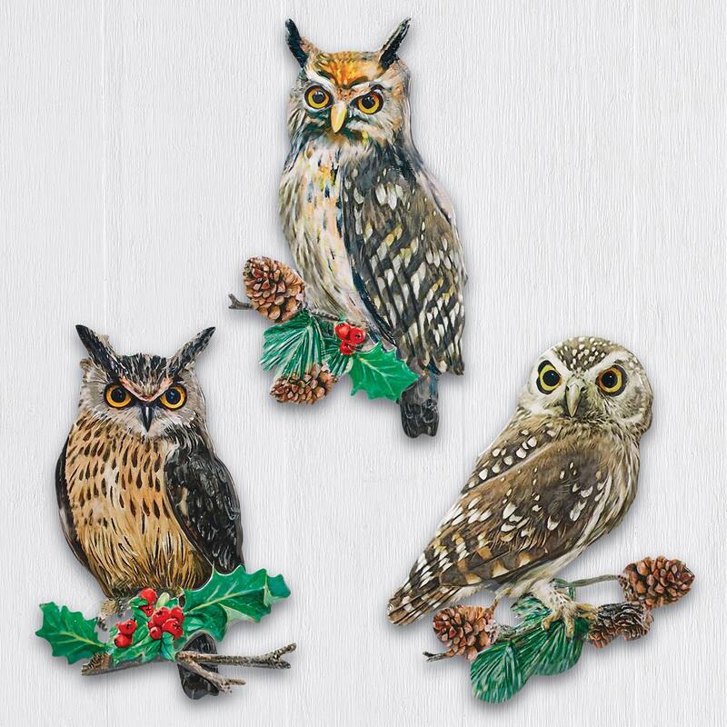 Owls with Holly & Pinecones Metal Wall Art - Set of 3 - 7 x 10.37 x 0.43 - Brown - 7 x 10.37 x 0.43