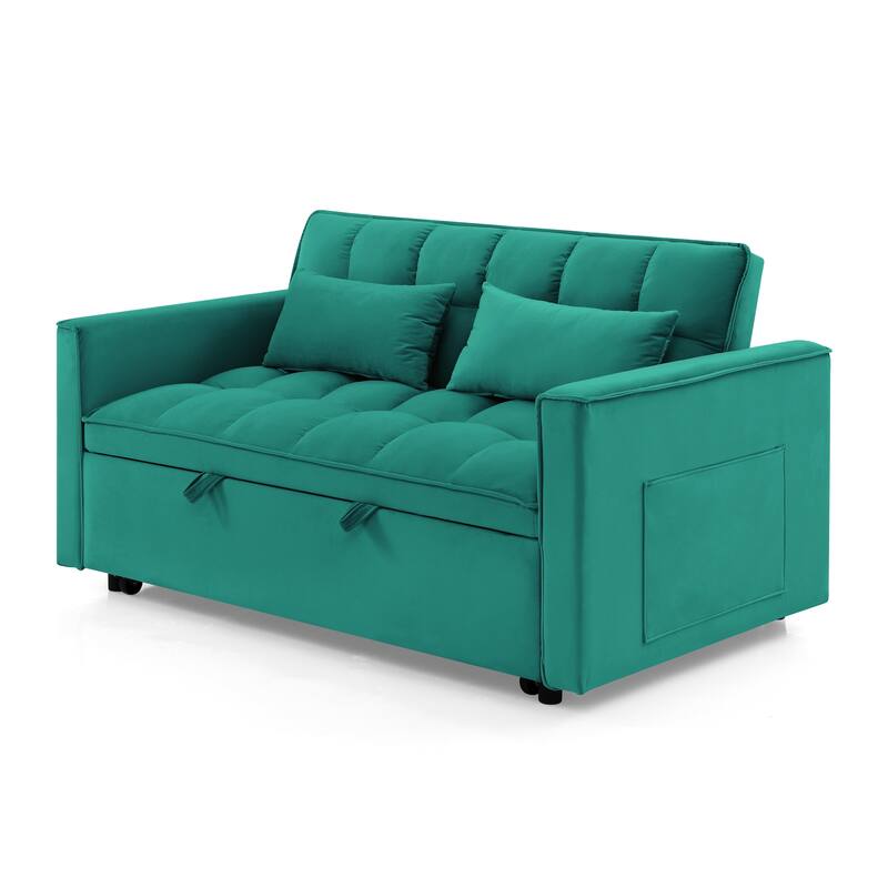 Velvet Foldable Sofa Bed, 3 In 1 Convertible Sofa Bed, Pull Out Couch Bed with Adjustable Backrest, Side Pockets & 2 Pillows