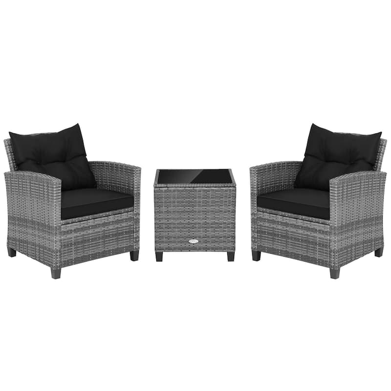 3PCS Patio Rattan Furniture Bistro Set Cushioned Sofas Side Table
