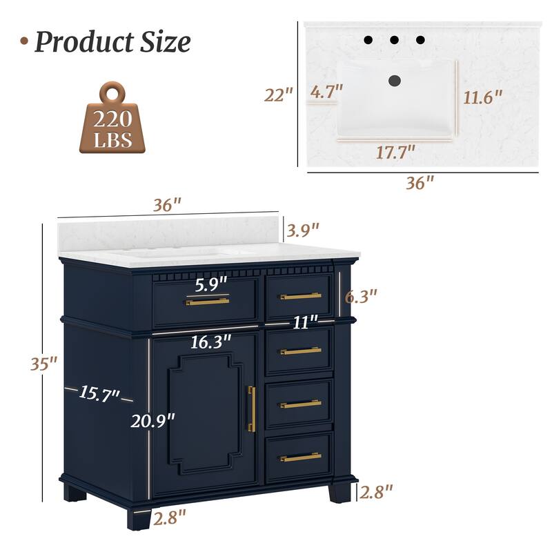 36 Inch Bathroom Vanity with Sink, Soft-Close Sliding Drawers & Cabinet, Bathroom Vanity Cabinet Set in White