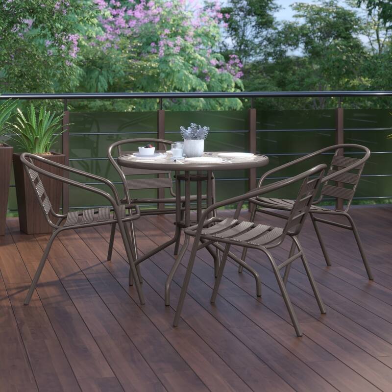 31.5" Round Glass Metal Table with 4 Metal Aluminum Slat Stack Chairs