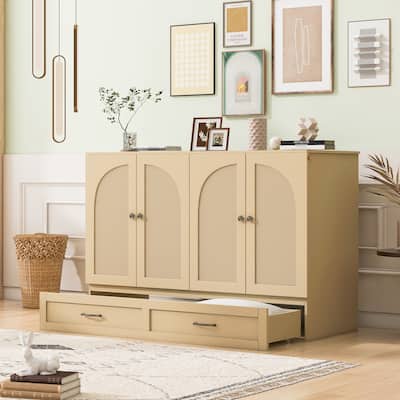 Full Size Murphy Bed Cabinet with Charging Station & A Large Drawer, Foldable Pull Out Wall Bed for Apartments, Bedrooms, Studio