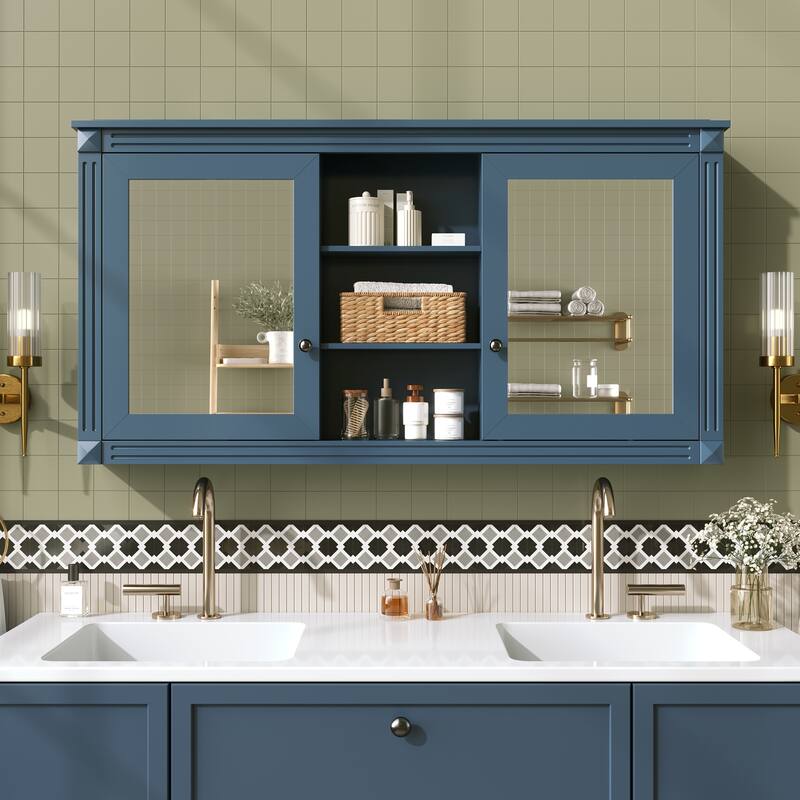 55 inch Wall-Mount 2-in-1 Mirror Cabinet with Adjustable Shelves, Soft-Closing Hinges, High-Definition Mirrors