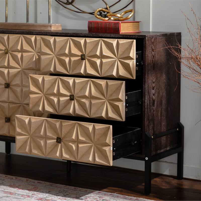 Solid Wood Sideboard with Geometric Pattern, 6 Drawers Dresser,Mid Century Modern Sideboard Cabinet