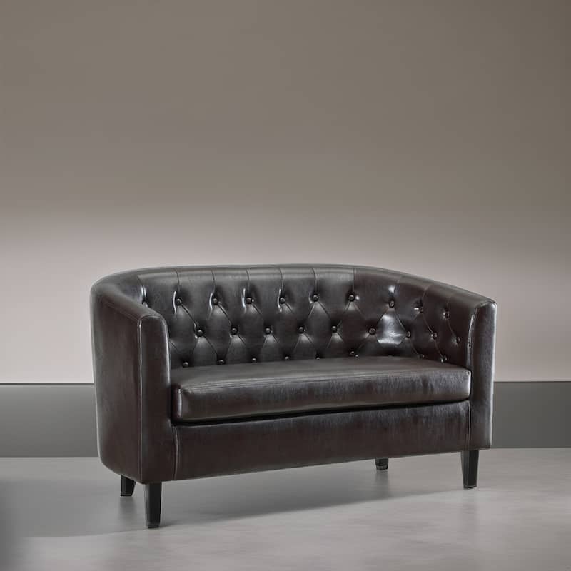 Midcentury Modern Button Tufted Faux Leather Barrel Loveseat - Comfy Tub Loveseat Sofa