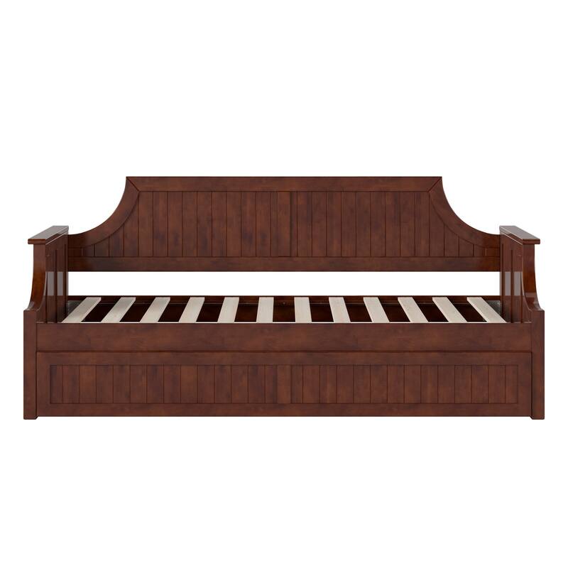 Twin Daybed with Trundle - Wood Frame Daybed for Living Room, Bedroom, Guest Room - Walnut Finish