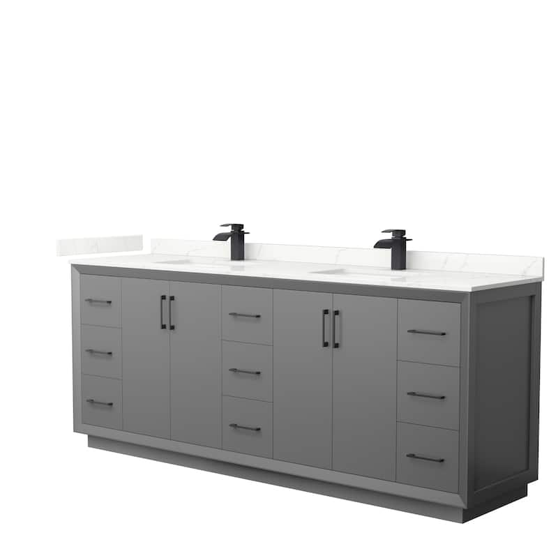 Strada 84-inch Double Vanity, Quartz Top - Dark Gray, Black Trim, Giotto Quartz Top