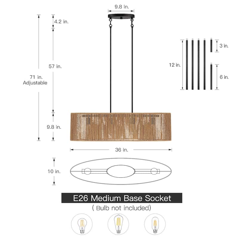 Lavery 4-Light Rattan Kitchen Island Chandelier with Black Hardware - 36'' W