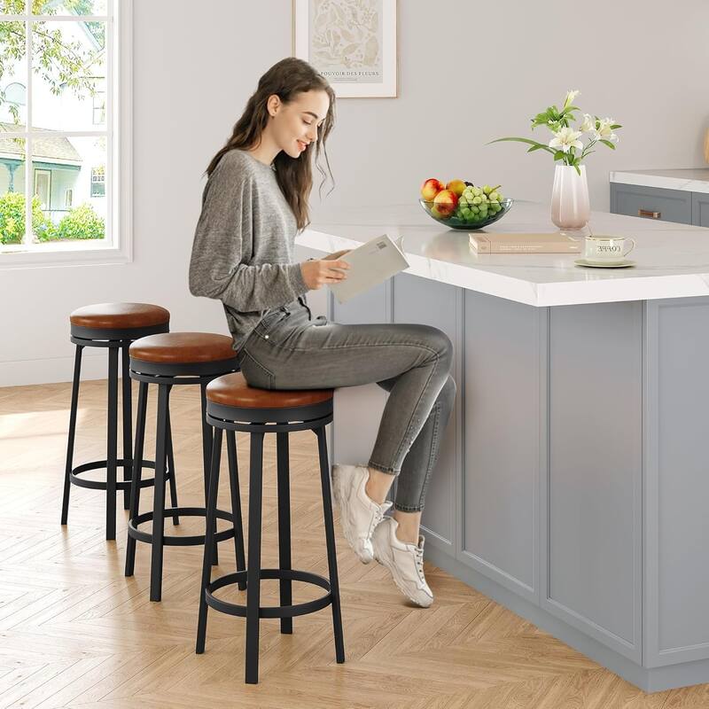 360° Swivel Bar Stool Set of 2, PU Leather Upholstered Counter Height Bar Stool with Metal Footrests