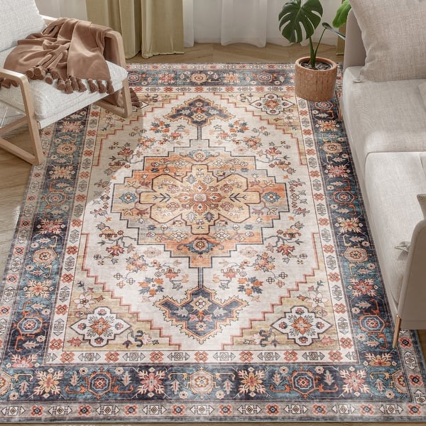 slide 2 of 9, HOMCOM Washable Area Rug, 5'x7' Vintage Indoor Distressed Carpet, Retro Floor Cover Foldable, Floral Print Mat for Living Room Marina - 6' x 7' - Square