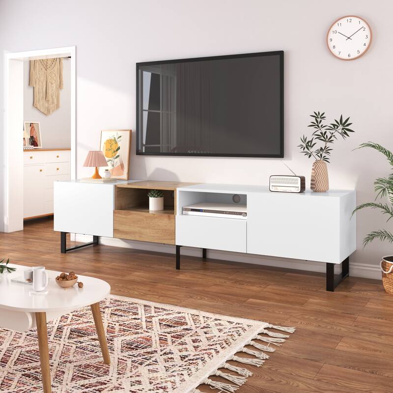 Floor TV Stand with 2 Cabinets, Media Console Table for TVs up to 85", Rectangle Entertainment Center with Drop Down Door