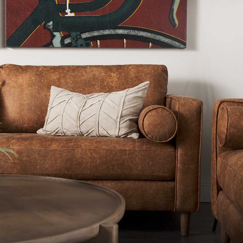 Loretta Cognac Brown Faux Leather Three Seater Sofa w/ Bolster Cushions - 87.9"W x 36.2"D x 33.8"H