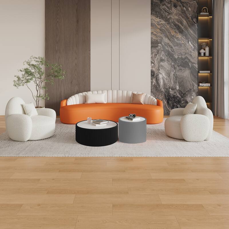 Light Sintered Stone Cylinder Leather Coffee Table - Unique Gold Accent