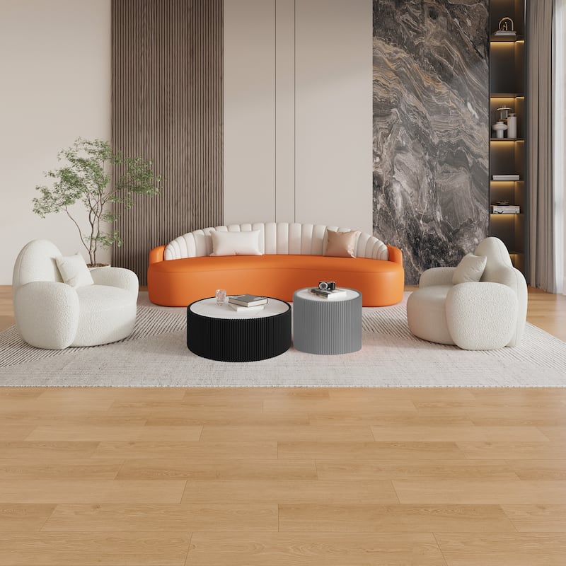 Small Coffee Table End Table for Living Room, Luxury Round Leather Accent Tables, Modern Circle Center Tables with Marble Top