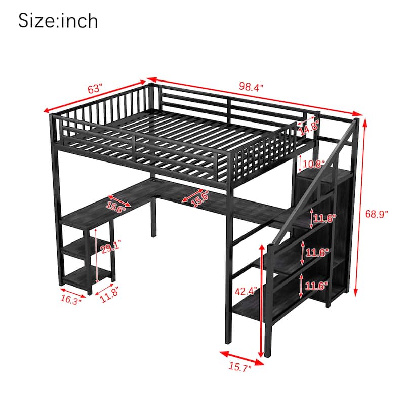 Metal Loft Bed with L Shaped Desk,USB,Wardrobe and LED Light