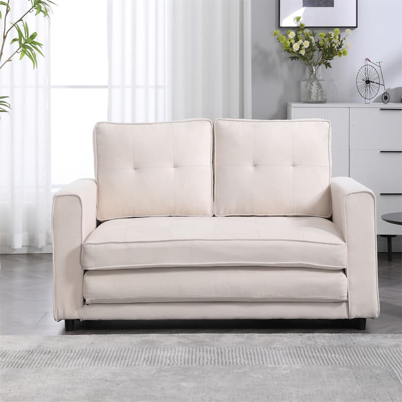 Upholstered Tufted Convertible Loveseat with Side Pockets