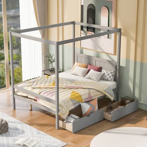 Full Size Canopy Platform Bed with Two Drawers