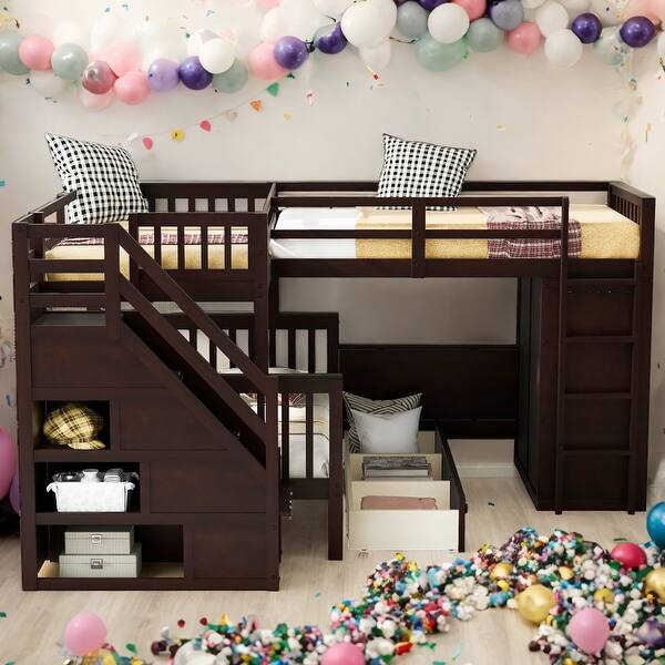 slide 2 of 9, Modern Twin-Twin over Full L-Shaped Bunk Bed With 3 Drawers,Portable Desk and Wardrobe Espresso