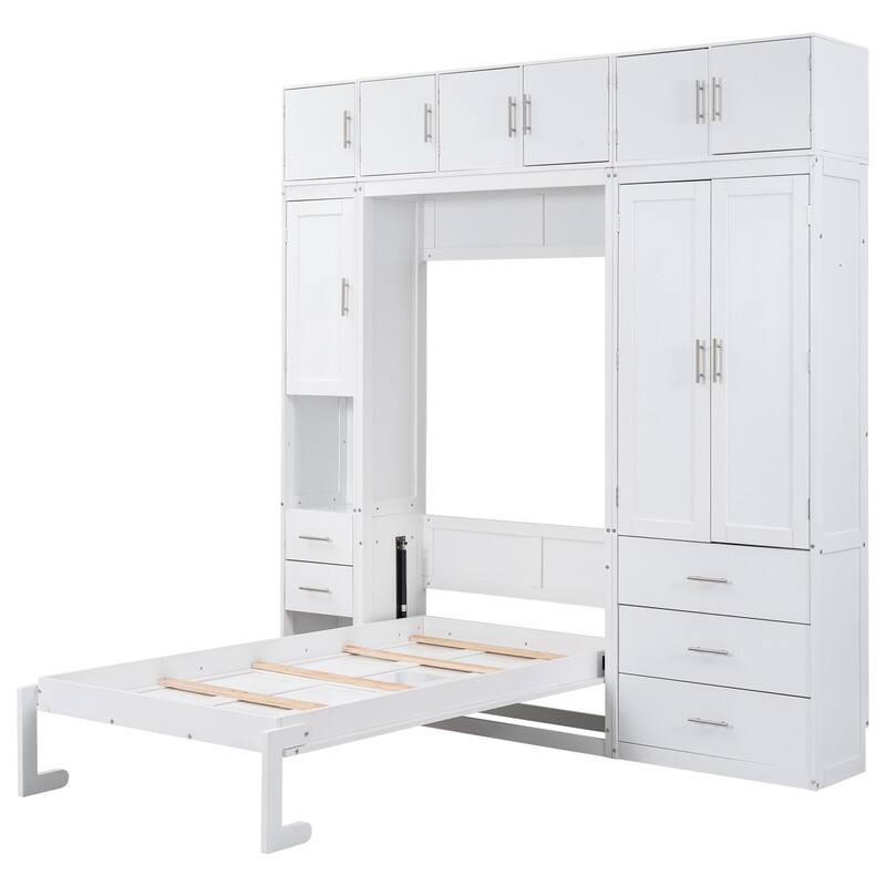 Twin/Full Size Murphy Bed with Wardrobe, Storage Drawers and Lockers, Solid Wood Wall Bed Cabinet Bed w/ Open Shelves & Cabinets