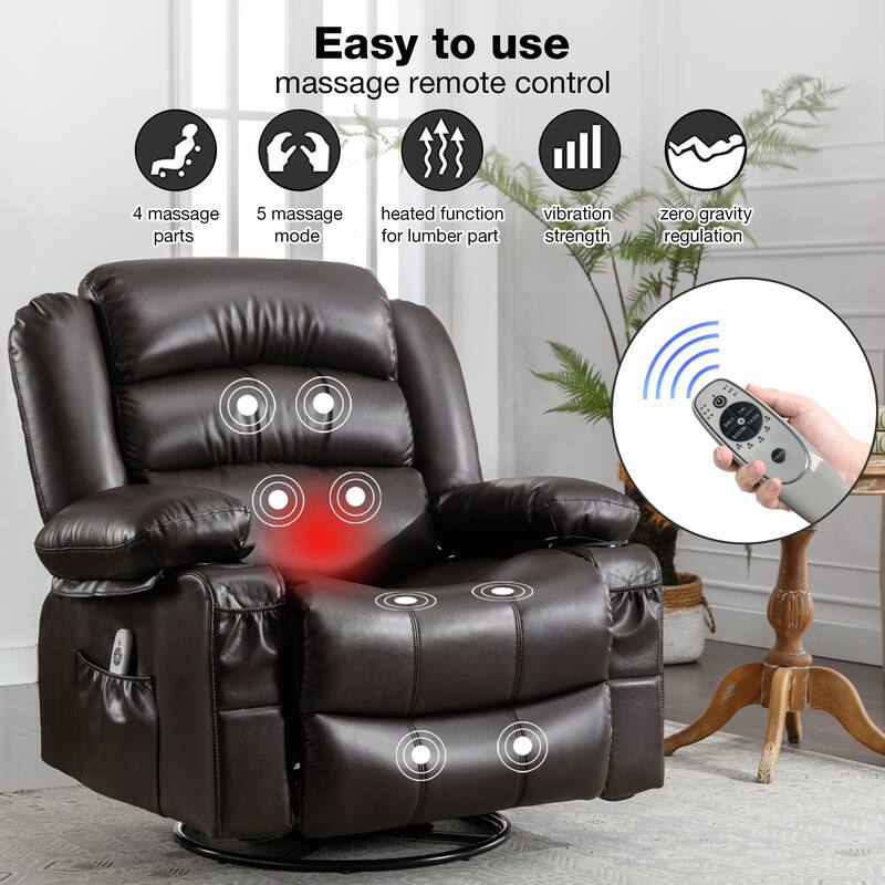 Black 360° Swivel Rocker Recliner with Heat, Vibration, USB Port, Cup Holders, and Side Storage Pockets