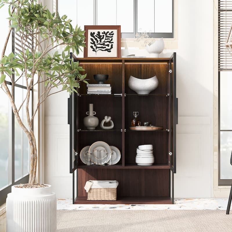 Roomfitters 51.2'' Display Cabinet with Glass Door, Curio Storage Cabinet with Shelves for Living Room and Kitchen, Brown Walnut