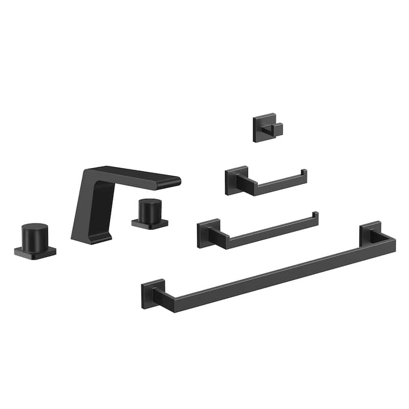 GRANDJOY 2-Handle Bathroom Faucet with 4-Piece Towel Bar Set Combo Kit - Matte Black