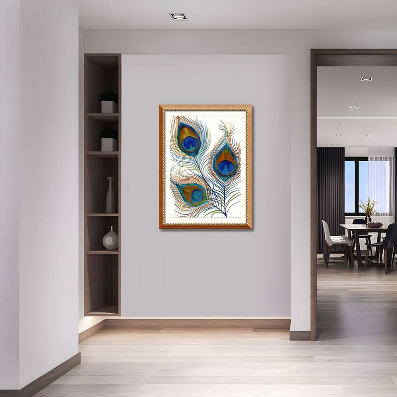 Set of 2 Peacock Feather Framed Wall Art - Replaceable Canvas Prints with Solid Wood Picture Frames, Elegant Botanical