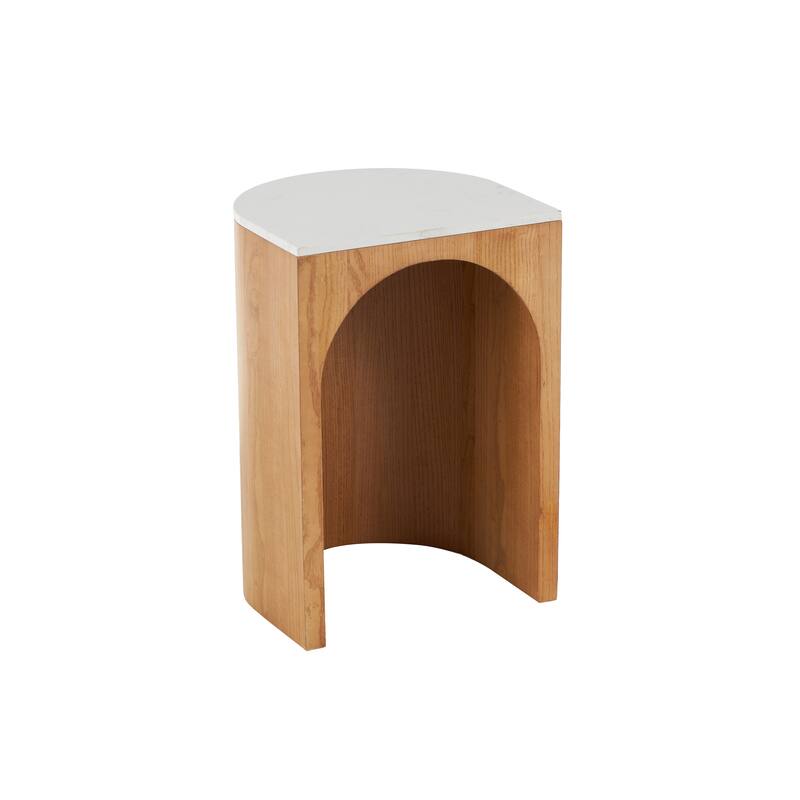 Brown or Black Wood Cutout Arch Side End Accent Table with White Marble Tabletop