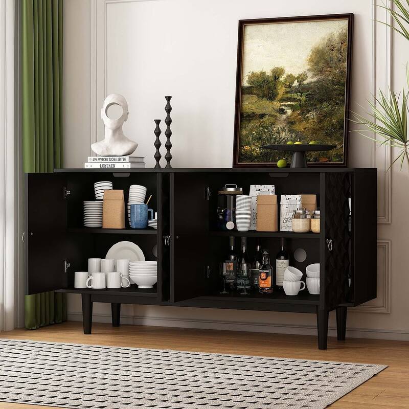 60" Modern 4-Door with Convex Pattern Doors and Silver Handles Buffet/Sideboard