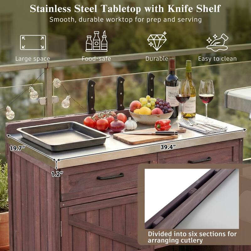 39.4" Outdoor Kitchen Island with Stainless Table Top, One Large Drawer, Adjustable Shelves, Internal Storage Racks & 4 Wheels