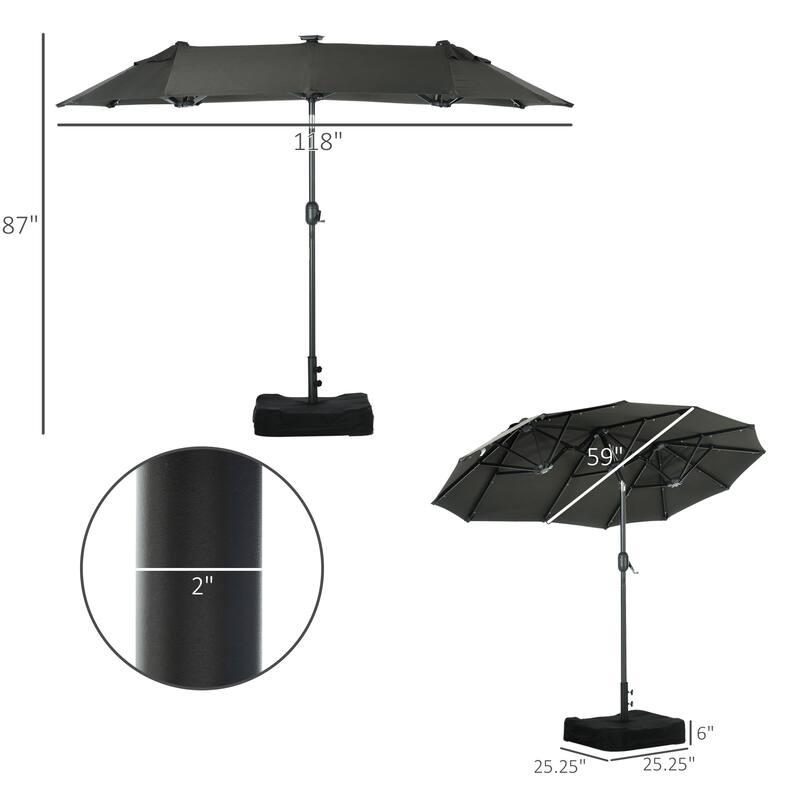 Outsunny Double-sided Patio Umbrella with Solar Lights and Sandbag Base, Outdoor Table Umbrella with Push Button Tilt, Crank