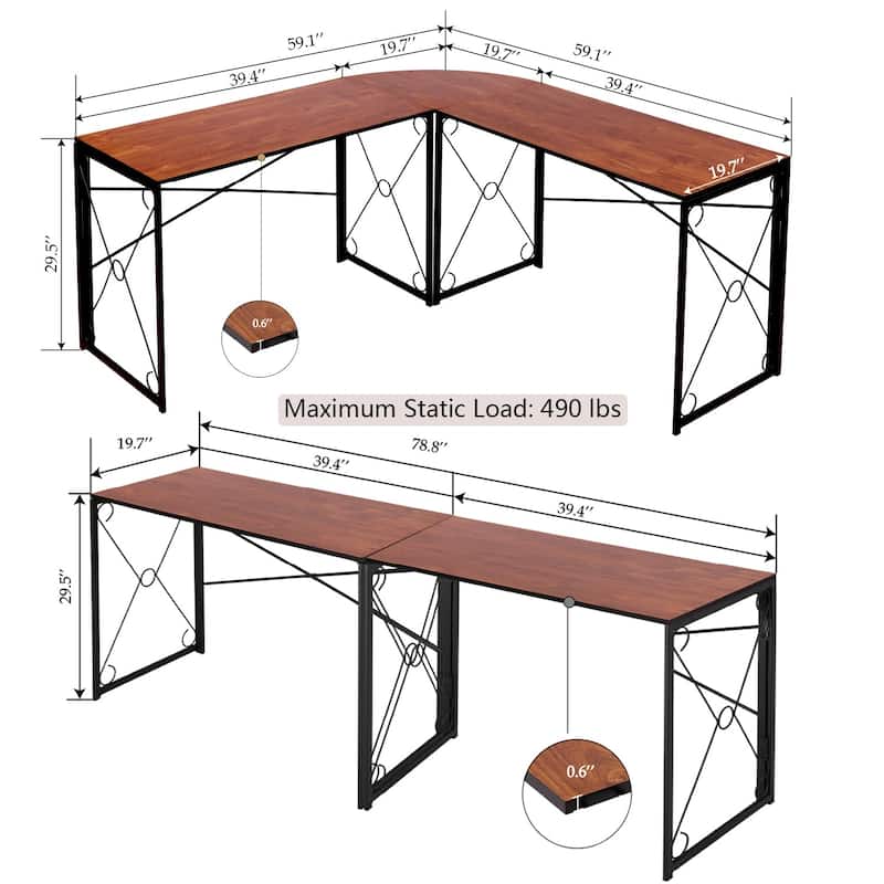 VECELO Convertible L-Shaped Desk Corner Computer Desk Detachable Fan Joint 0.6" Thick Brown Desktop for Multi-Monitor Setups