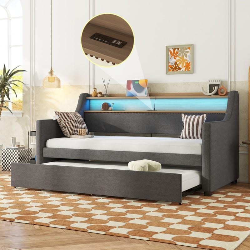 Twin Size Upholstered Daybed with Trundle Bed, Charging Station and LED Lights