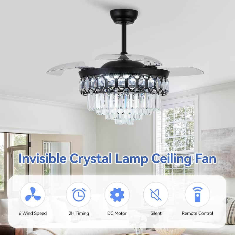 48" Crystal Fandelier Ceiling Fan with Light and Retractable Blades LED Dimmable for Bedroom Living Room - 48 Inches