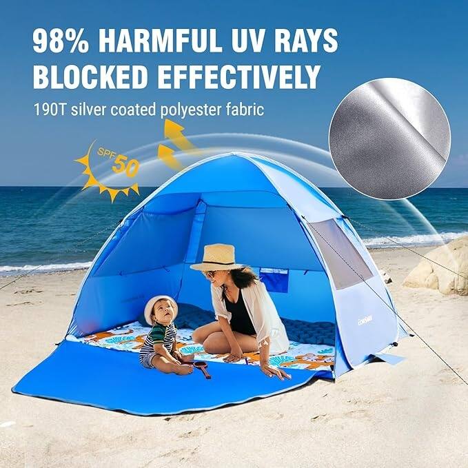 Beach Tent Sun Shelter for 3/4 Person, Portable Beach Umbrella Cabana