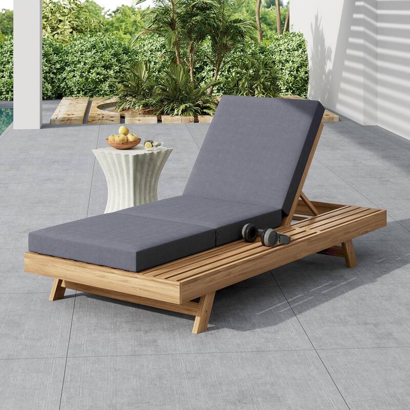 Outdoor Patio Acacia Wood Chaise Lounge Chair with Adjustable Backrest, Side Open Storage and Water-Repellent Cushions - Triple Fold Dark Grey - 1pc Light Brown