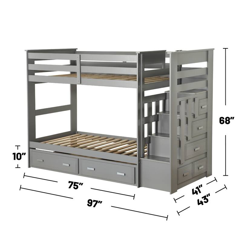 Wooden Twin over Twin Bunk Bed with Trundle in Gray Finish