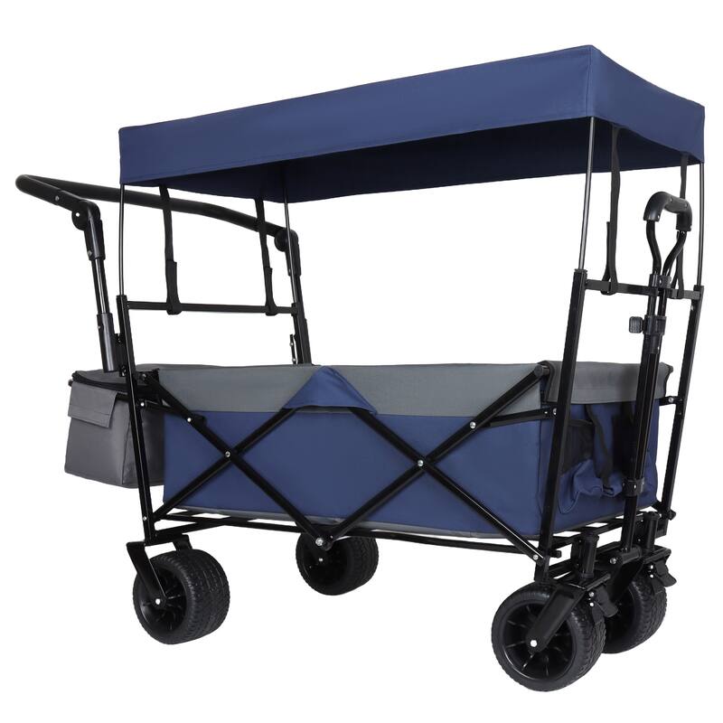 480lb Capacity Collapsible Wagon with Canopy & Push Handle - 7" All-Terrain Wheels, Dark Blue
