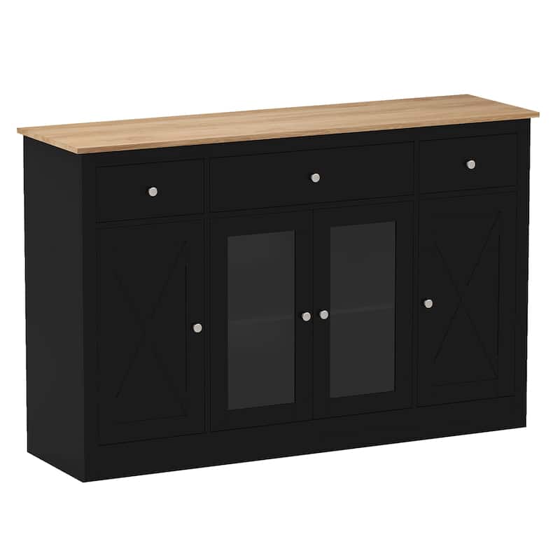 Black MDF and Engineered Wood Buffet Sideboard with Drawers and Cabinets - 55.5" × 16" × 35.5" - Black