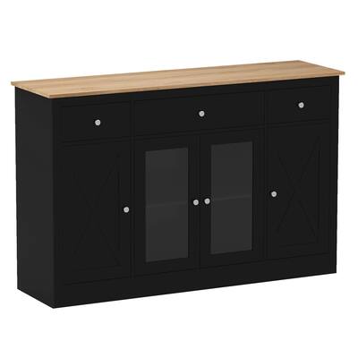 Black MDF and Engineered Wood Buffet Sideboard with Drawers and Cabinets - 55.5" × 16" × 35.5"