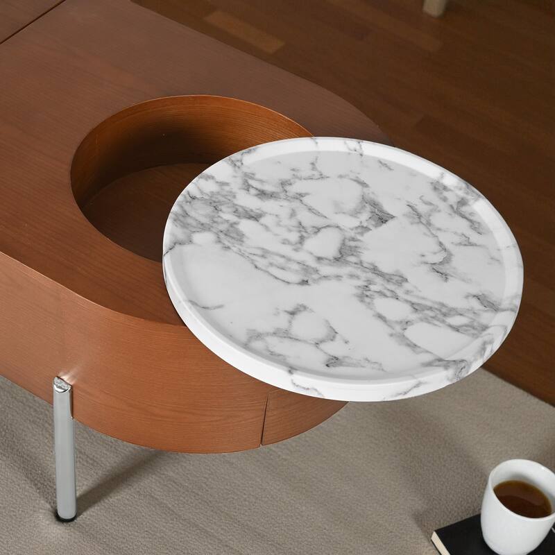 47.2'' Lift-Top Coffee Table with 360掳 Rotating Tray, Hidden Storage & Drawers, Modern Marble-Patterned Oval Center Table