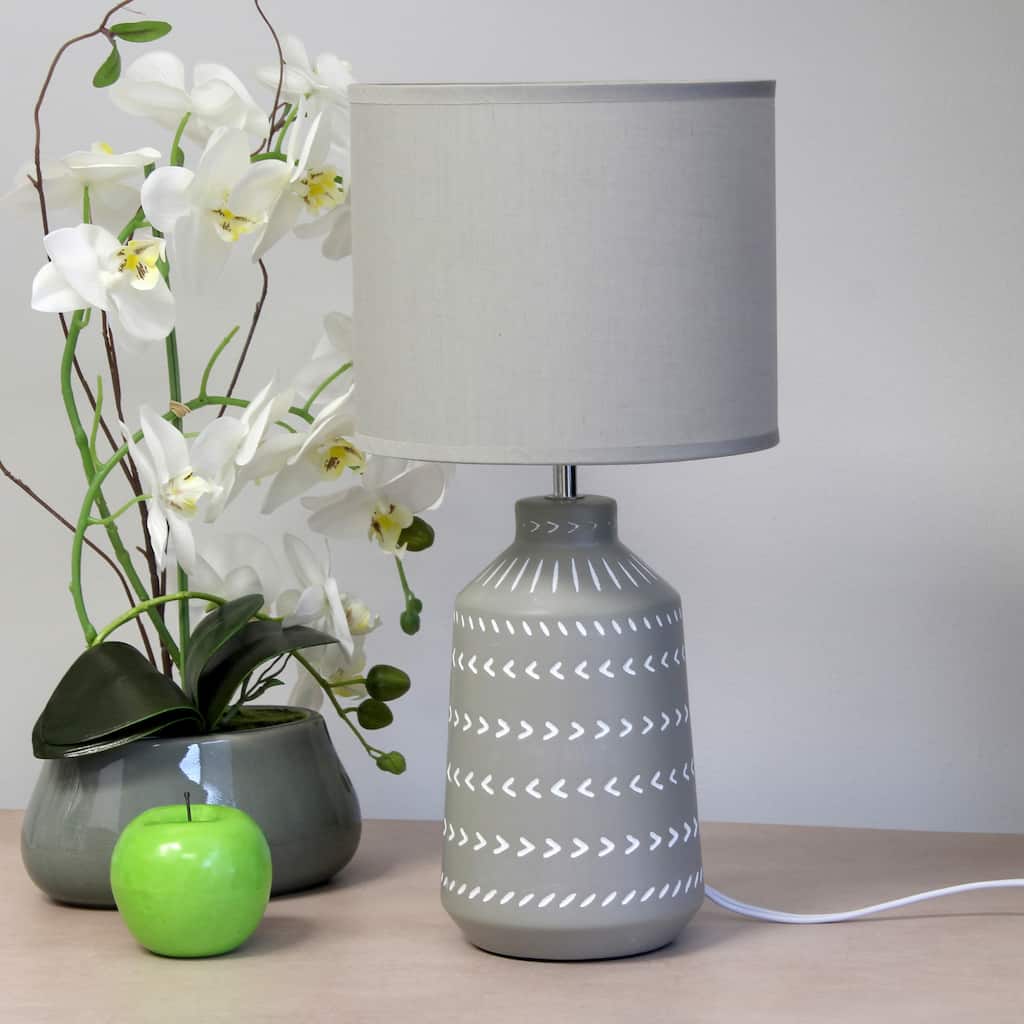 Tribal Style Hand Painted Ceramic Table Lamp with Drum Shade - 17" - Gray