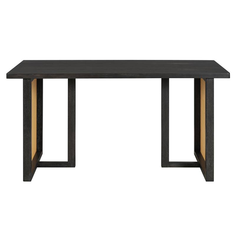 7-Piece Farmhouse Dining Table Set with Distressed Oak Veneer and Upholstered Rattan Chairs for Gatherings