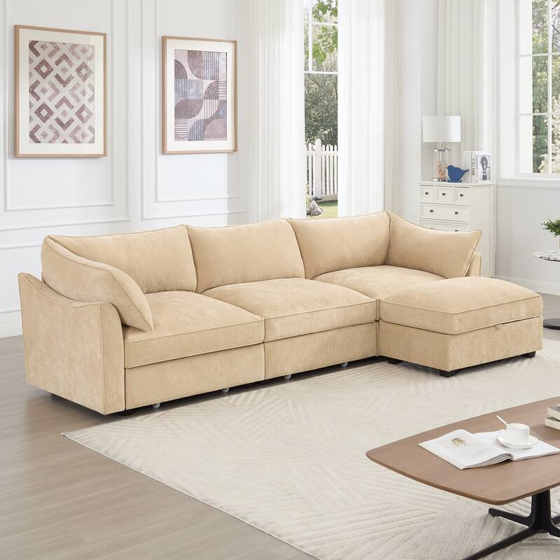 112" Modern L-Shaped Modular Sectional Sofa for Living Room, Oversized Chenille Couch w/ Hidden Storage and Movable Ottoman
